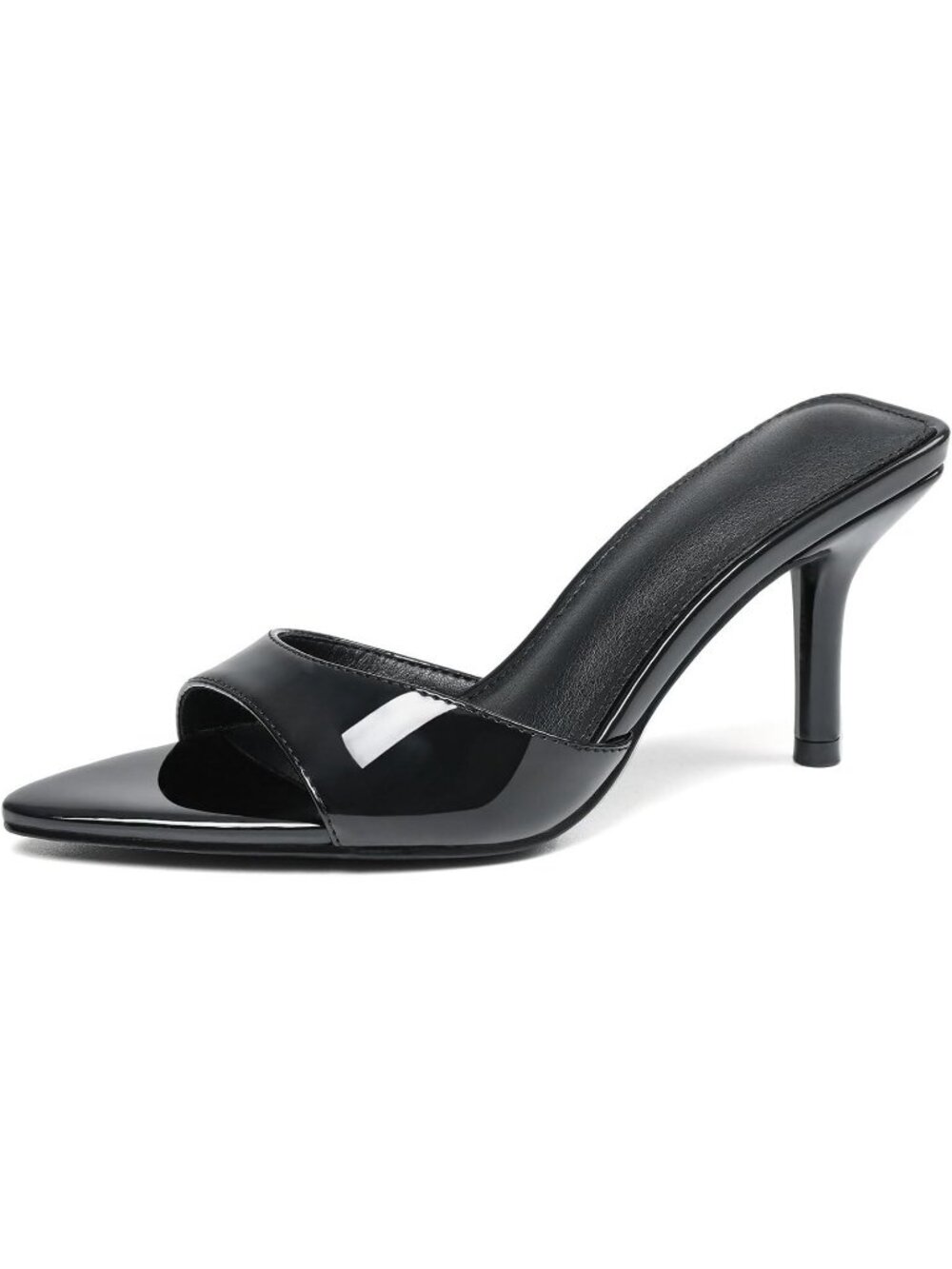 Women Patent Black Faux Leather Pointed Open Peep Toe Backless Summer High Heel
